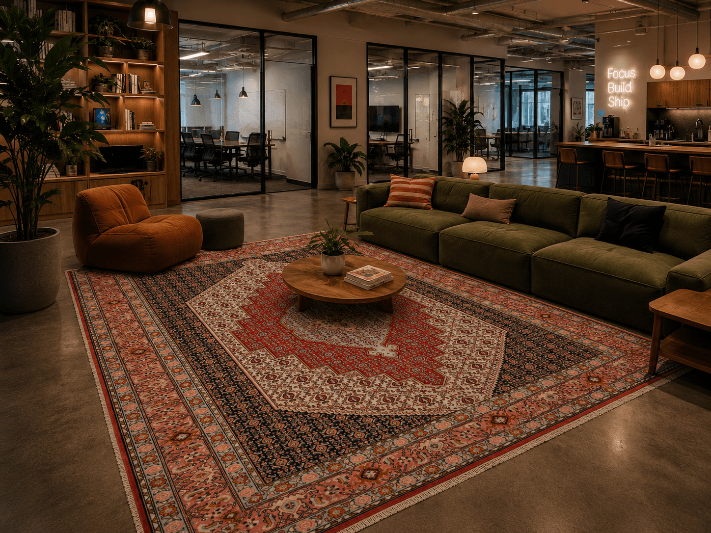 A handwoven Persian medallion rug in a warm office lounge