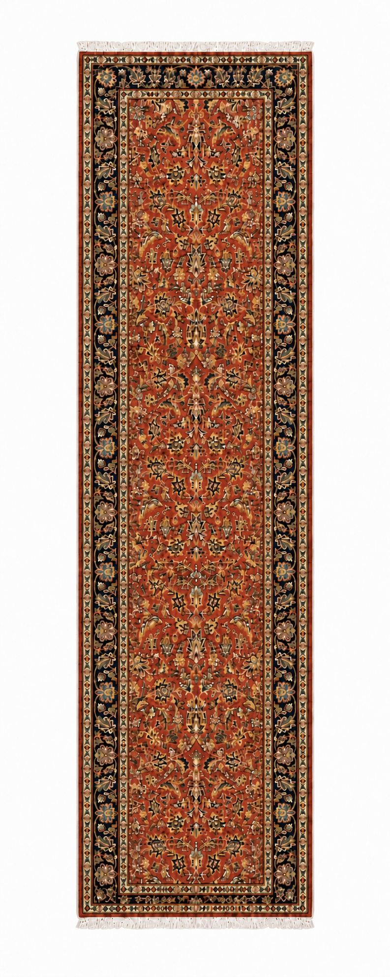 Kashan Runner — full top-down view of the coral-red floral Persian runner