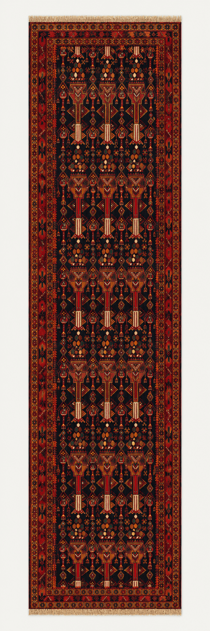 Pictorial Runner — full top-down view of the charcoal and rust Persian runner