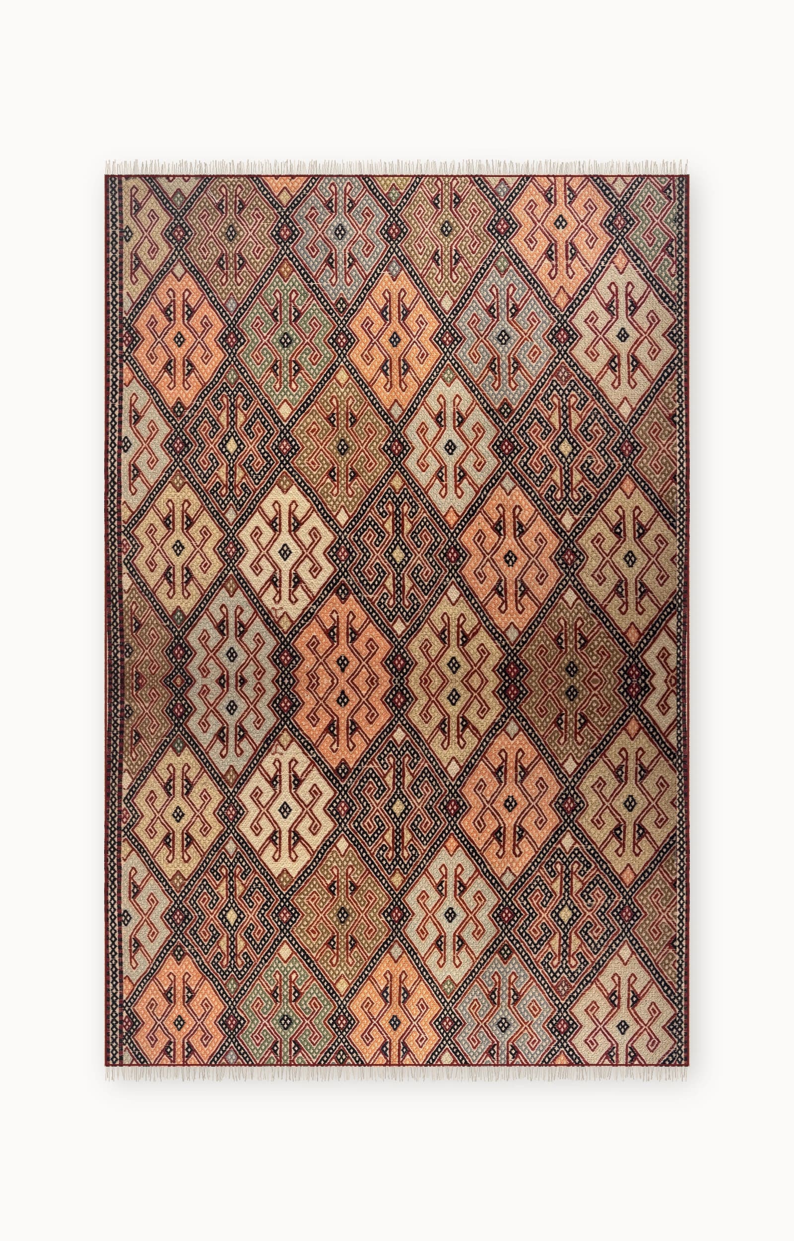 Geometric Kilim — full view of the cream, orange, sage, and slate handwoven wool rug