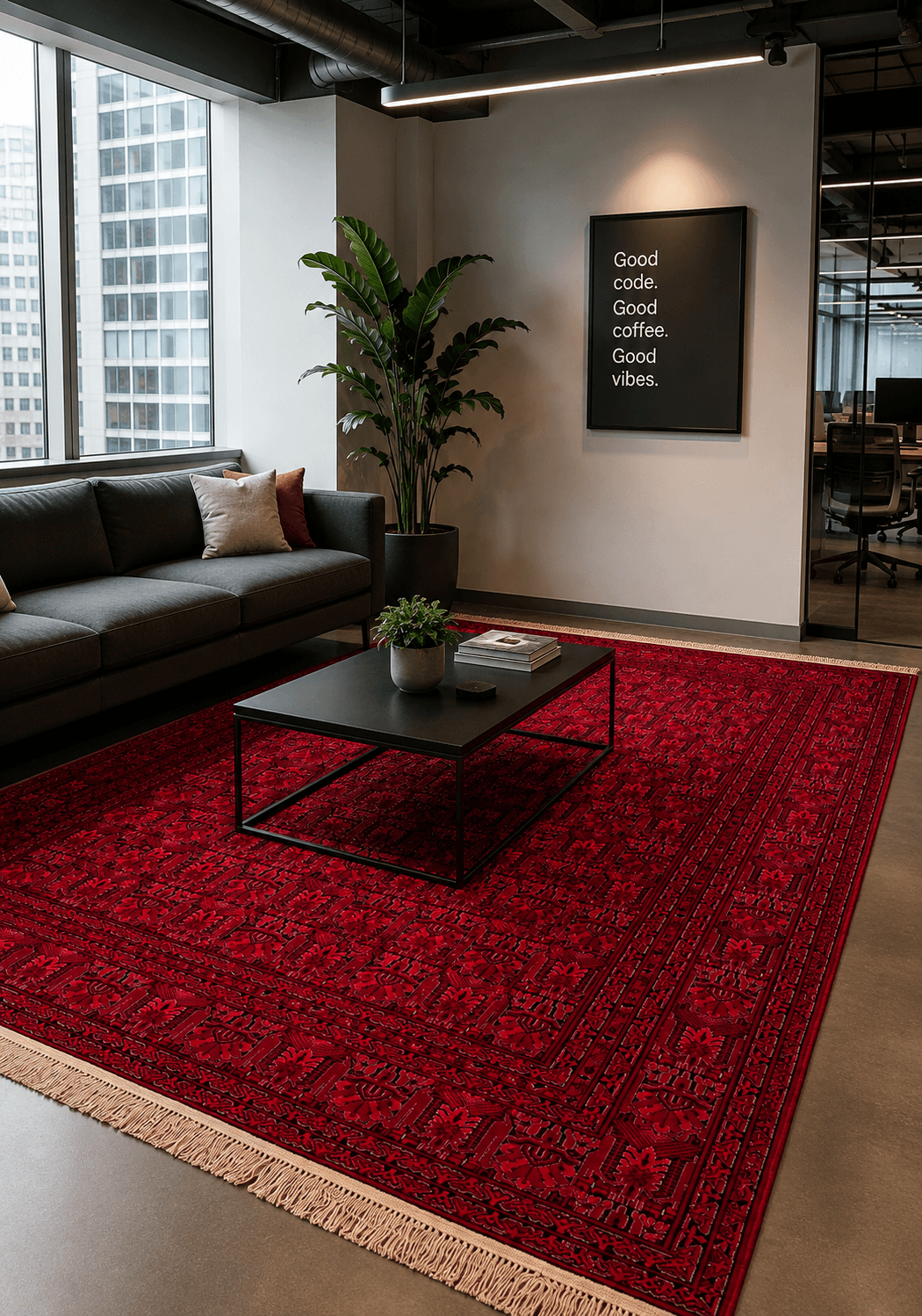 A deep-red Bokhara carpet in an office lounge