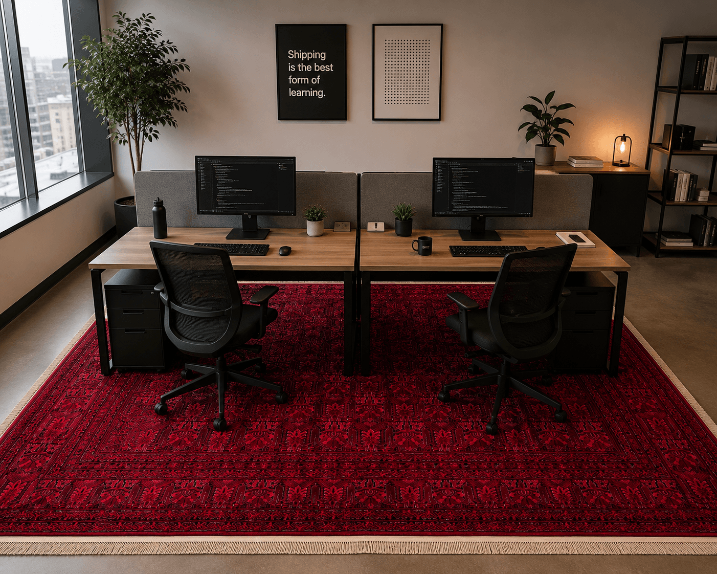 Two desks sharing a deep-red Bokhara carpet in an office
