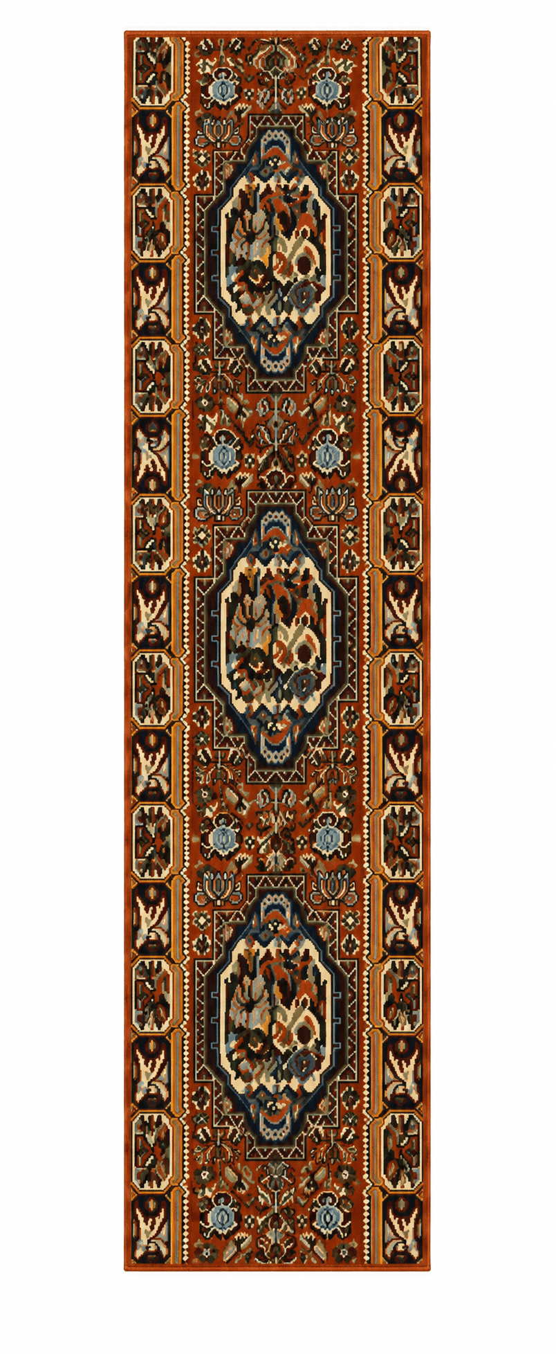 Bakhtiari Runner — full view of the rust-toned runner with floral medallions