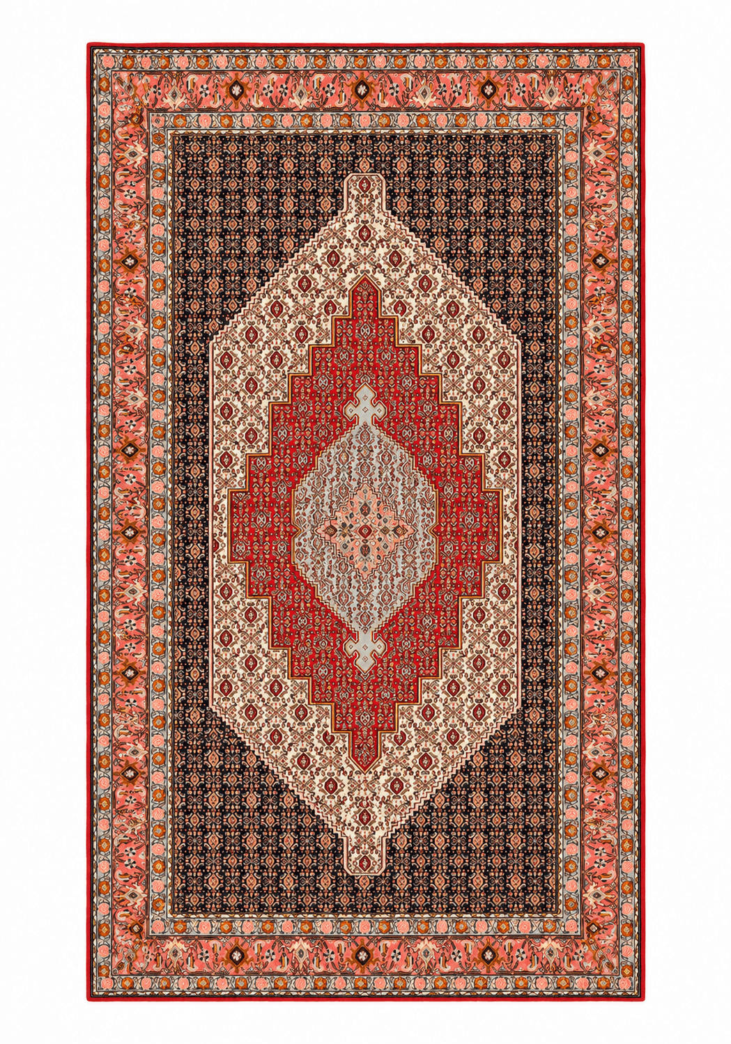 Senneh — full view of the stepped-medallion rug over a dark Herati field