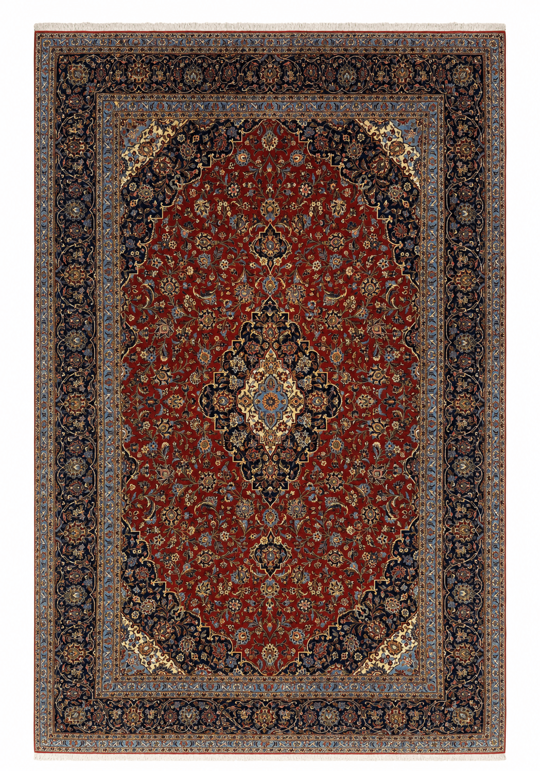Red Medallion — full top-down view of the red, navy, powder-blue, and ivory Persian rug